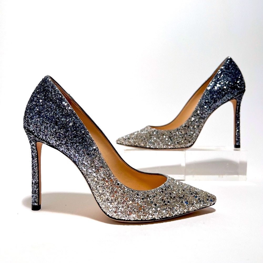 Jimmy Choo Romy 100 Silver Dusk BlueOmbre Glitter EU 36- - Picture 2 of 13